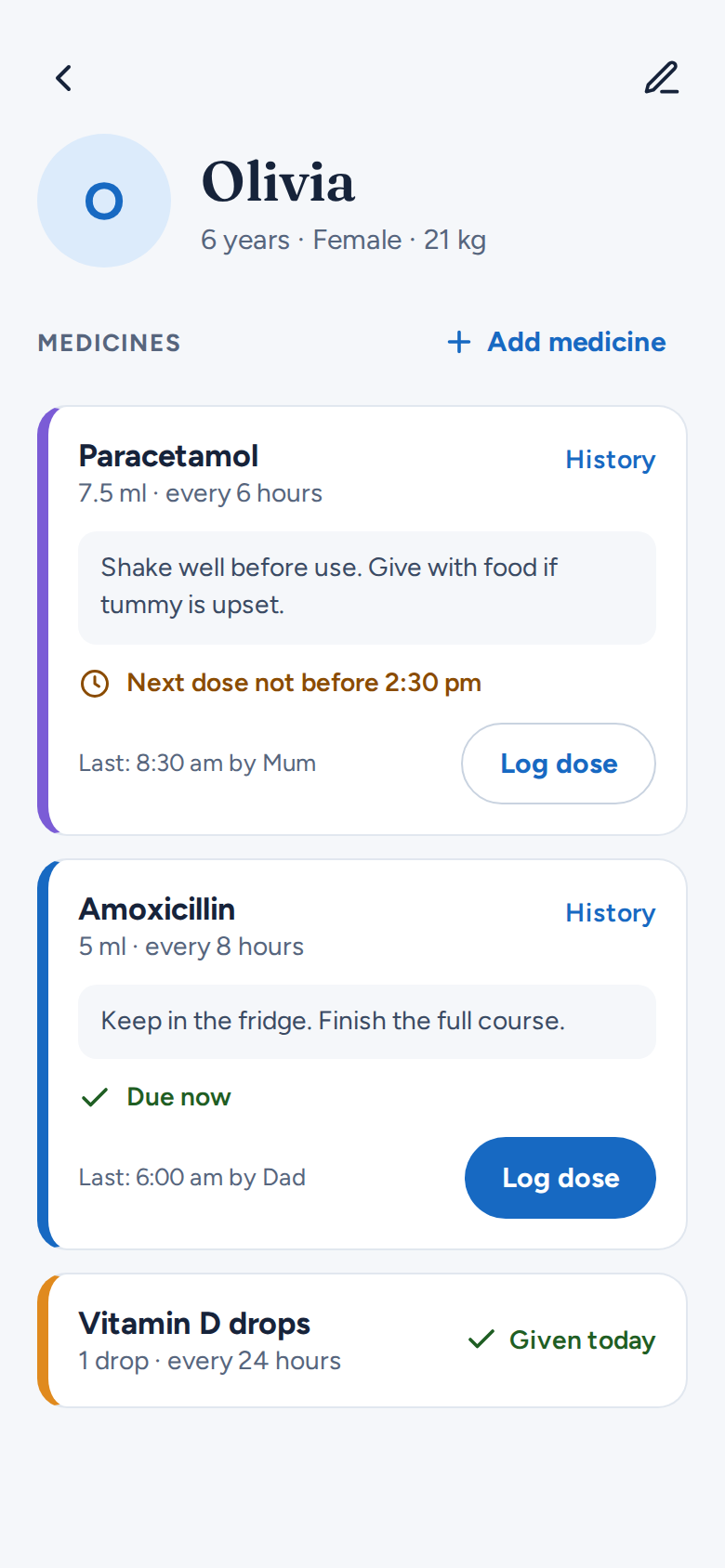 A child's page listing their medicines, directions, next dose times and who gave the last dose