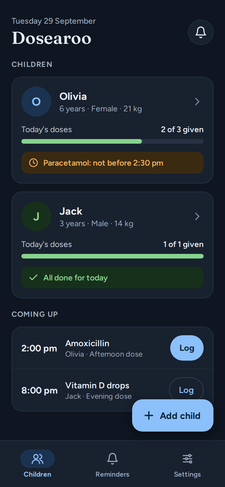 Dosearoo home screen in dark mode